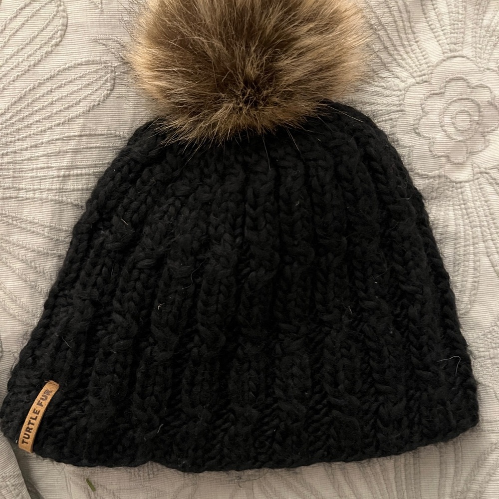 Turtle Fur Fifi Black Knit Beanie (Wool & Acrylic) with Faux Fur Pom-Pom